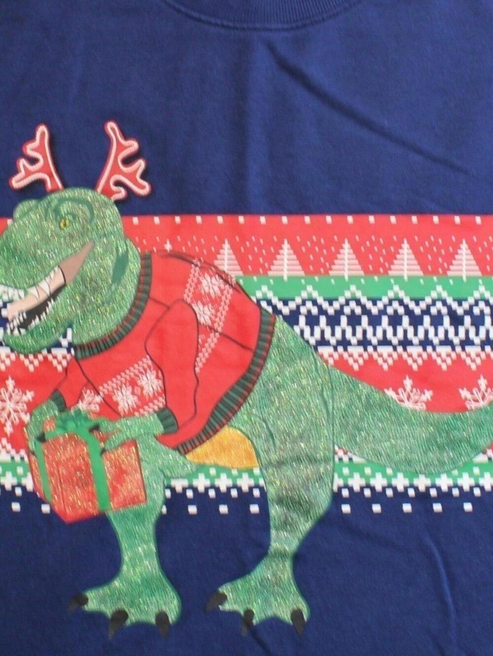 Holiday Time $32 Large Navy Blue Green Dinosaur T-Rex Ugly Christmas Sweatshirt